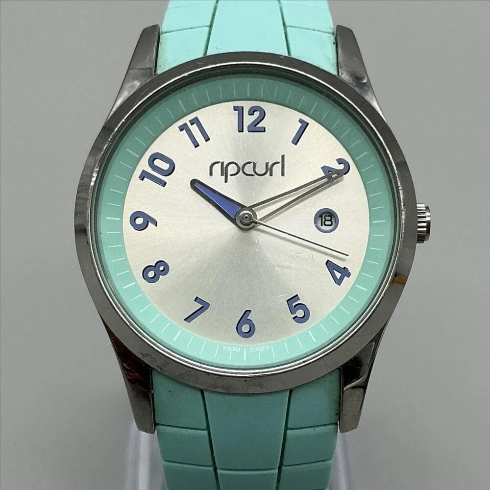Rip Curl Echo Womens Watch 33mm Silver Tone Aqua Rubber Surf Date New Battery